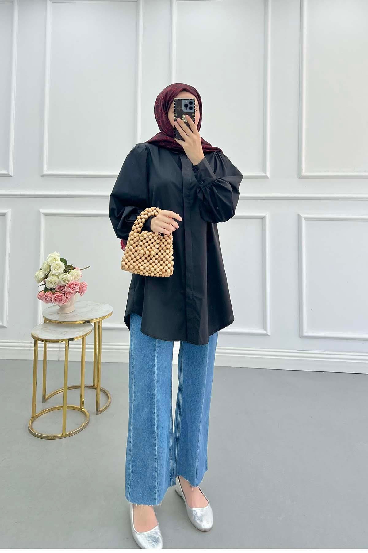 Sare Fashion Balloon Sleeve Basic Shirt Black