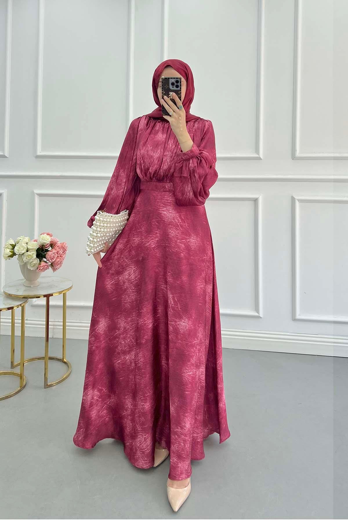 Sare Fashion Balloon Sleeve Patterned Lined Dress Burgundy