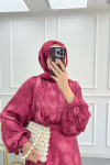 Sare Fashion Balloon Sleeve Patterned Lined Dress Burgundy