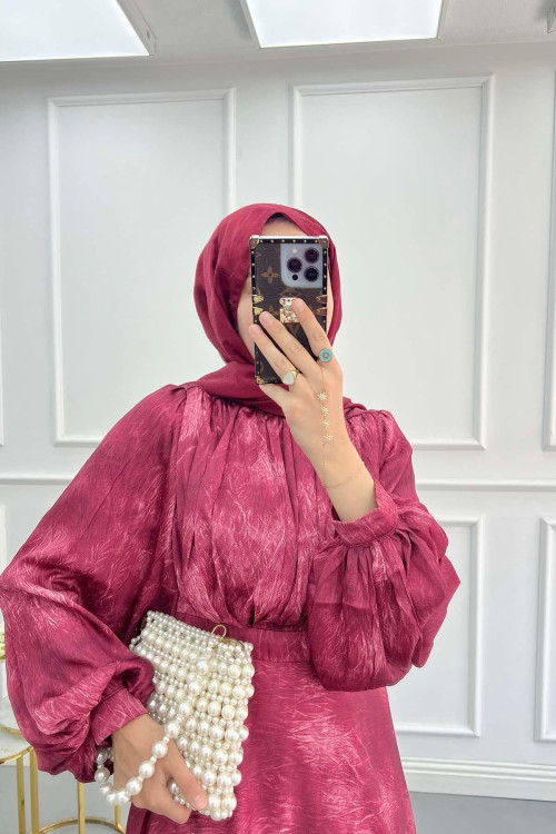 Sare Fashion Balloon Sleeve Patterned Lined Dress Burgundy