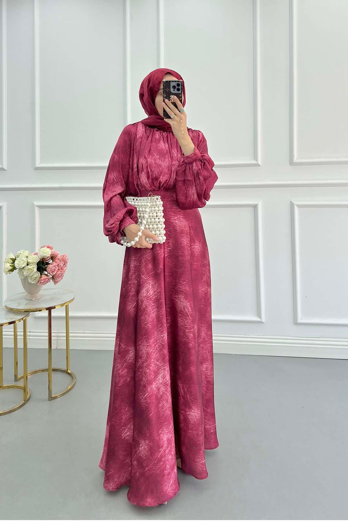 Sare Fashion Balloon Sleeve Patterned Lined Dress Burgundy