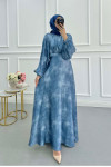Sare Fashion Balloon Sleeve Patterned Lined Dress Indigo