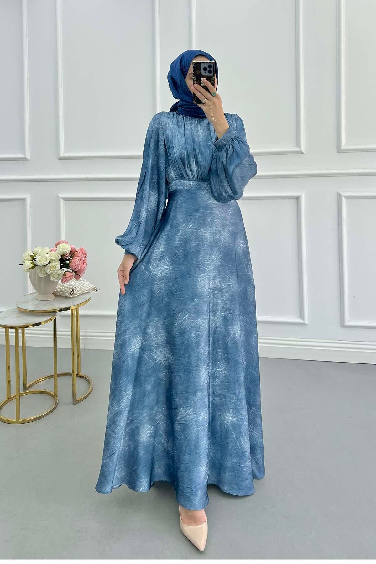 Sare Fashion Balloon Sleeve Patterned Lined Dress Indigo