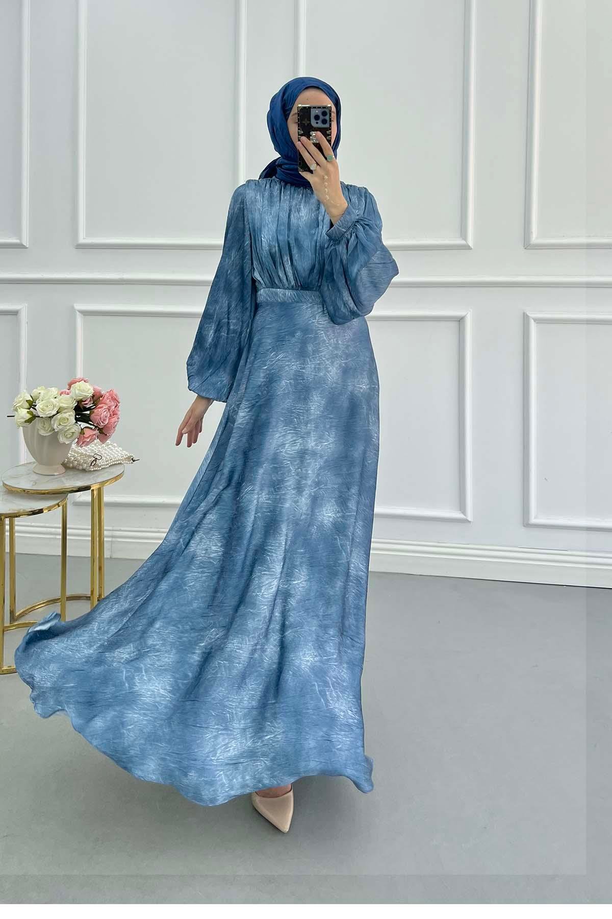 Sare Fashion Balloon Sleeve Patterned Lined Dress Indigo