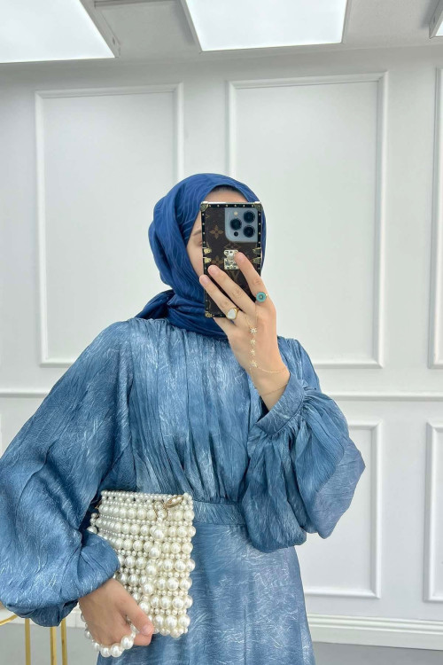 Sare Fashion Balloon Sleeve Patterned Lined Dress Indigo