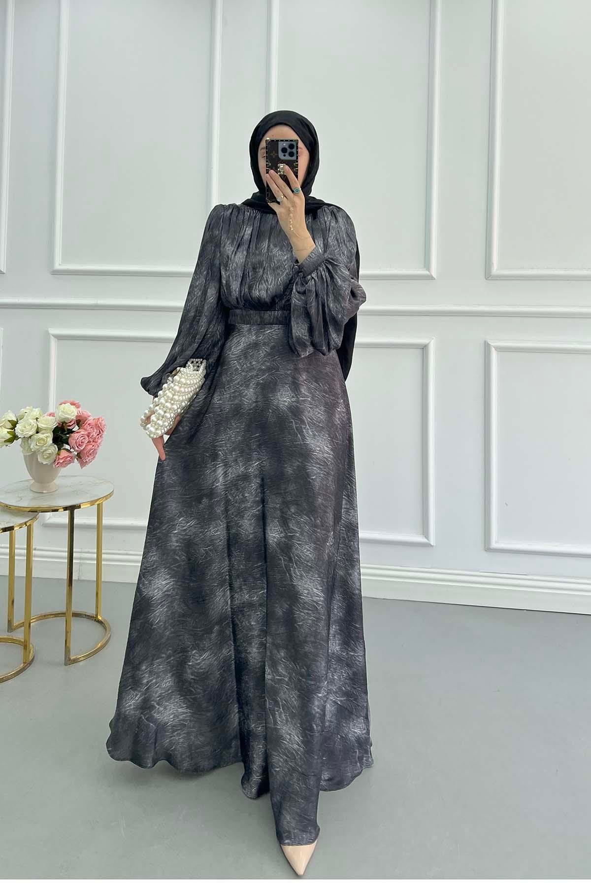 Sare Fashion Balloon Sleeve Patterned Lined Dress Black
