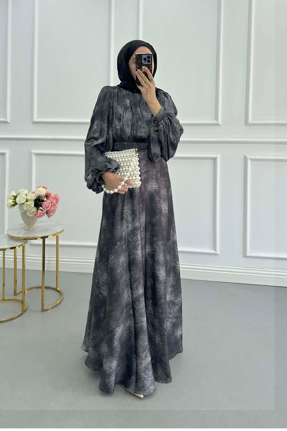 Sare Fashion Balloon Sleeve Patterned Lined Dress Black