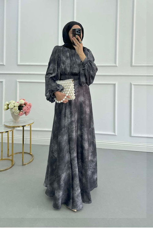 Sare Fashion Balloon Sleeve Patterned Lined Dress Black