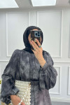 Sare Fashion Balloon Sleeve Patterned Lined Dress Black