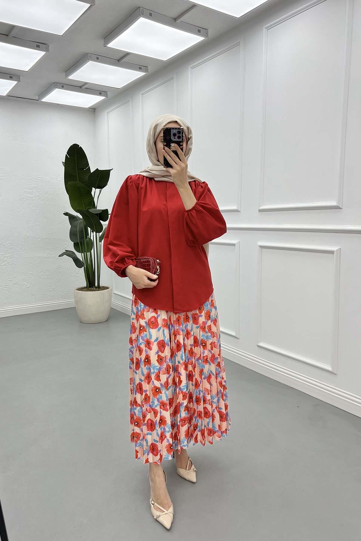 Sare Fashion Balloon Sleeve Shirt Red