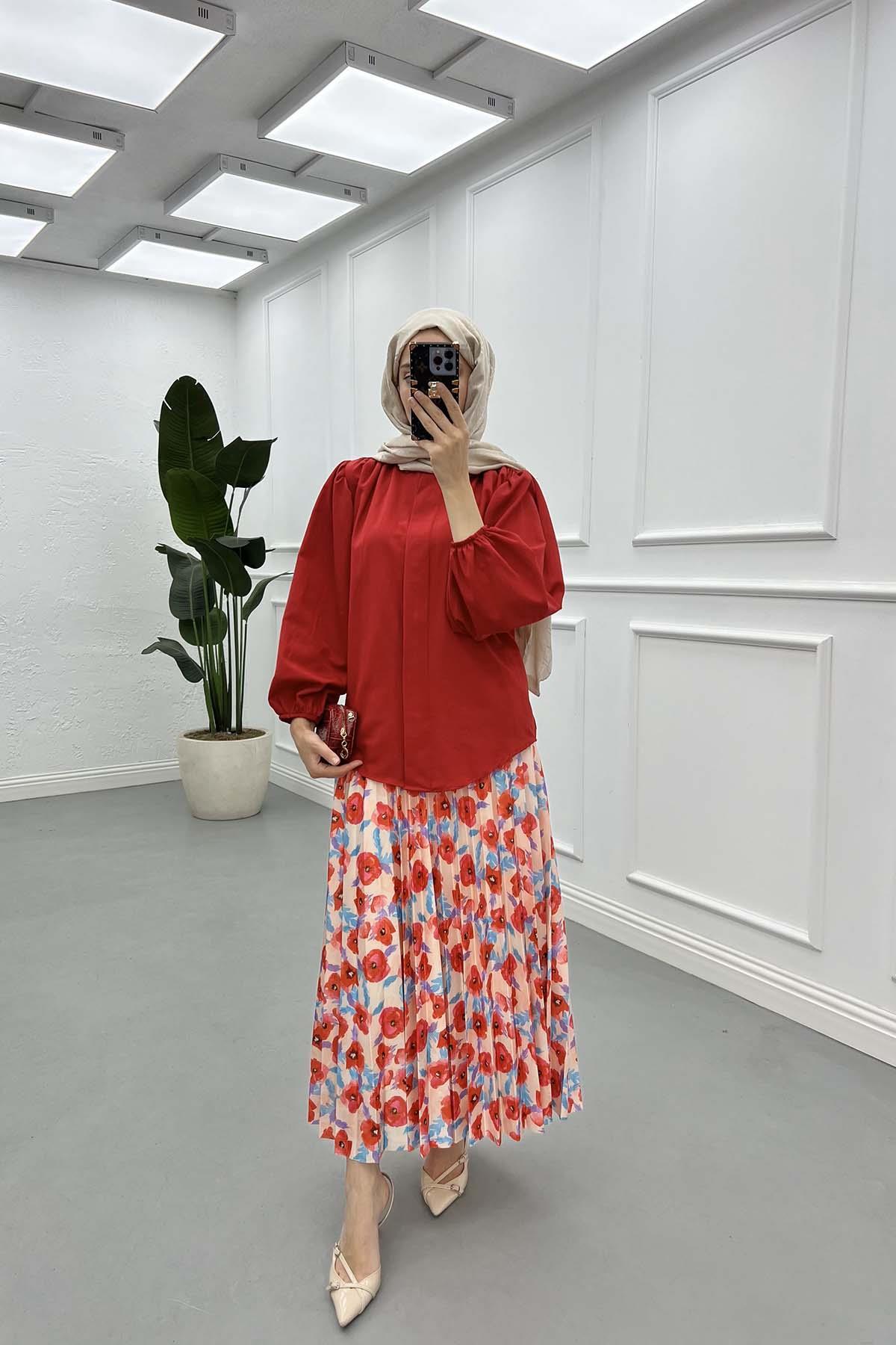 Sare Fashion Balloon Sleeve Shirt Red