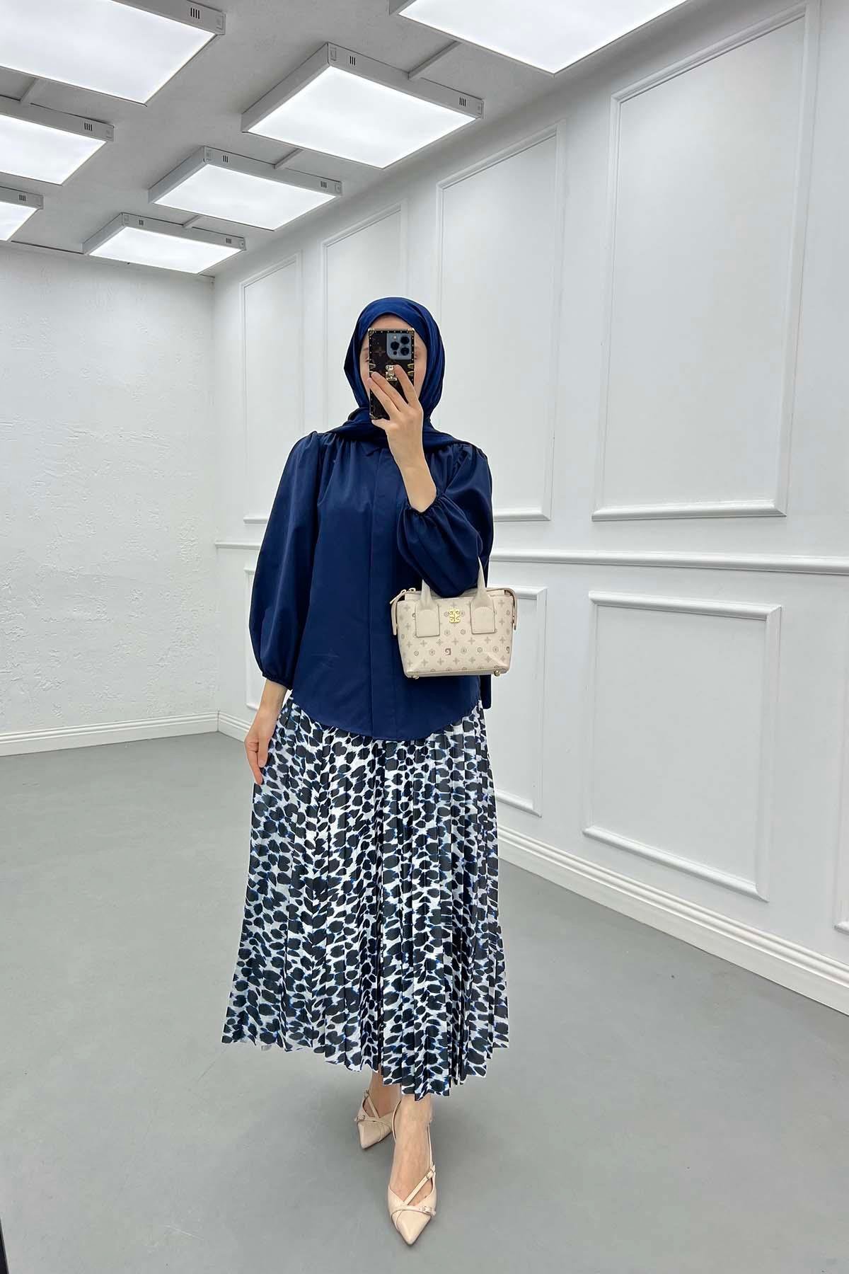 Sare Fashion Balloon Sleeve Shirt Navy Blue