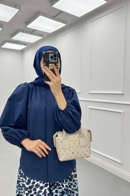Sare Fashion Balloon Sleeve Shirt Navy Blue
