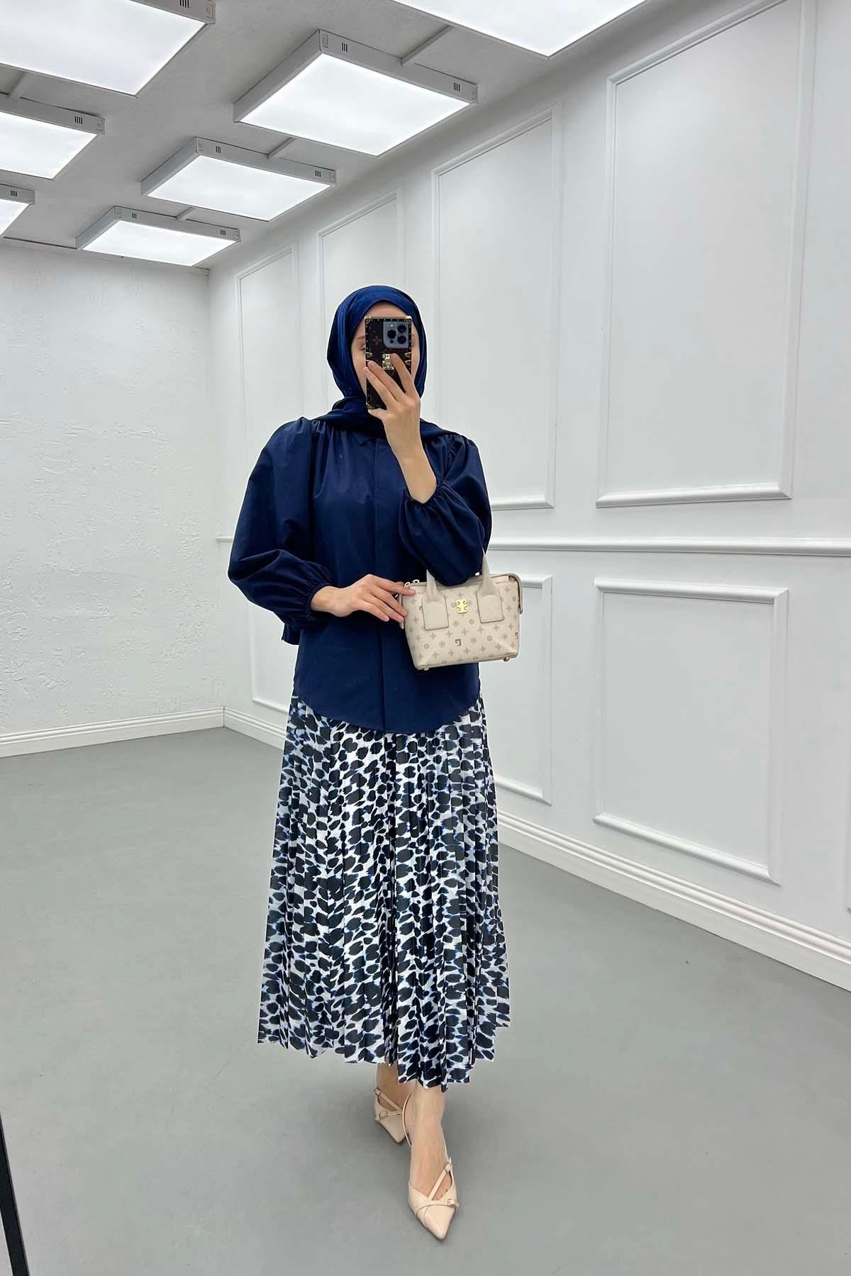 Sare Fashion Balloon Sleeve Shirt Navy Blue