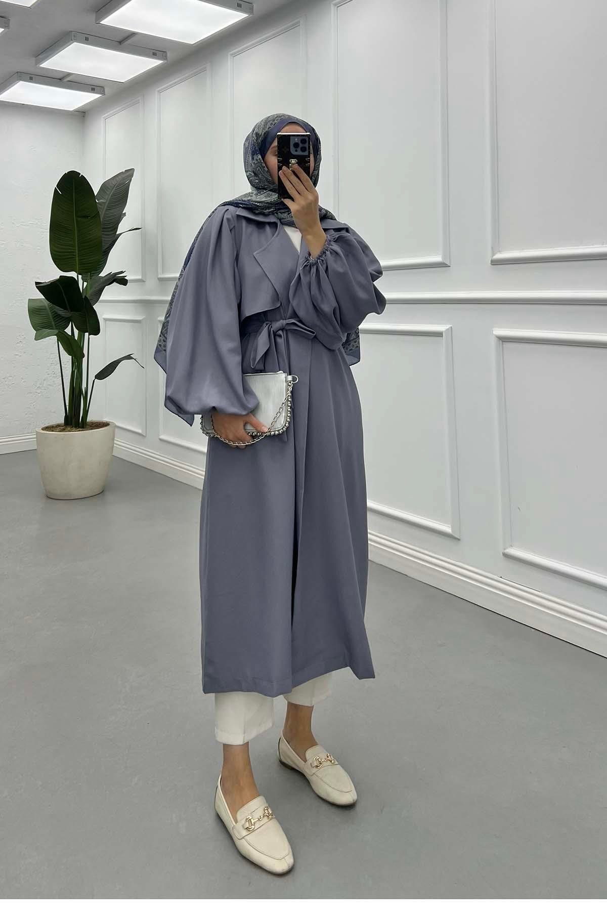 Sare Fashion Balloon Sleeve Crepe Trench Coat Gray