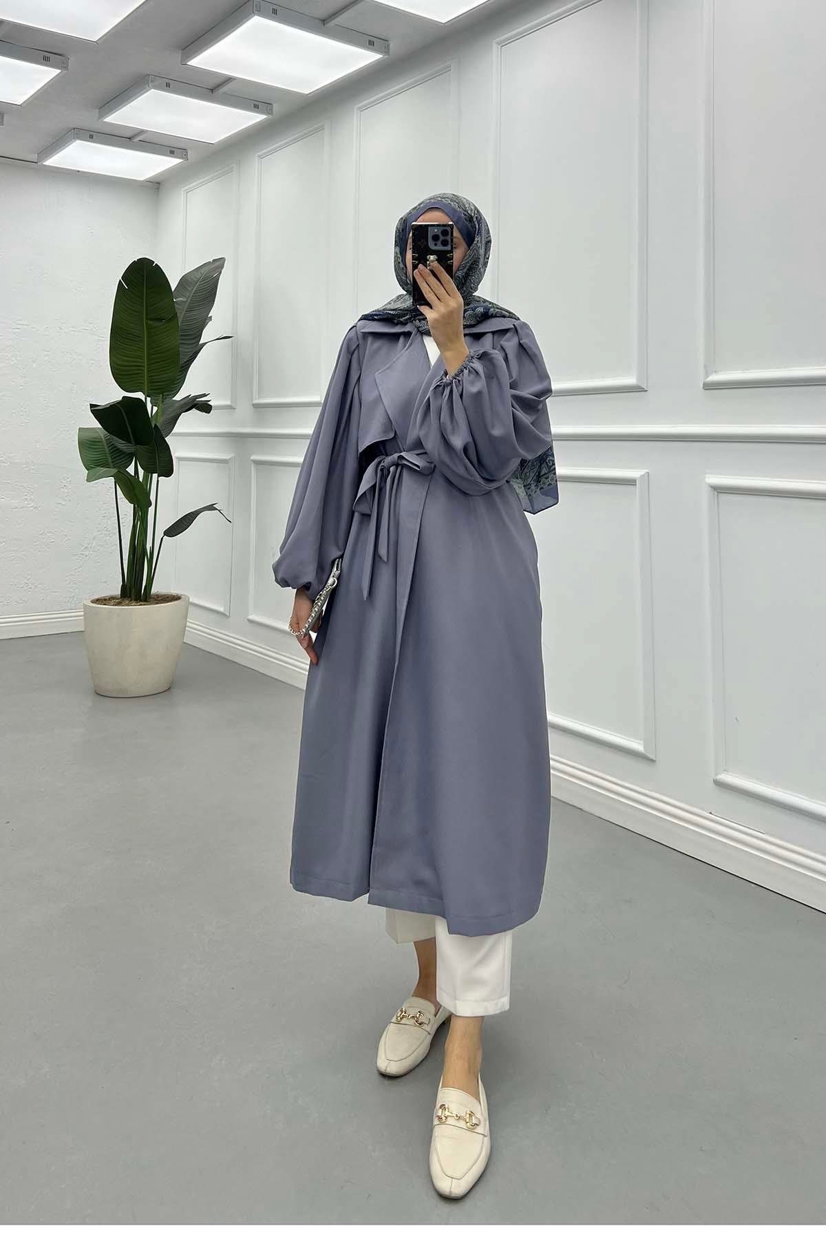 Sare Fashion Balloon Sleeve Crepe Trench Coat Gray