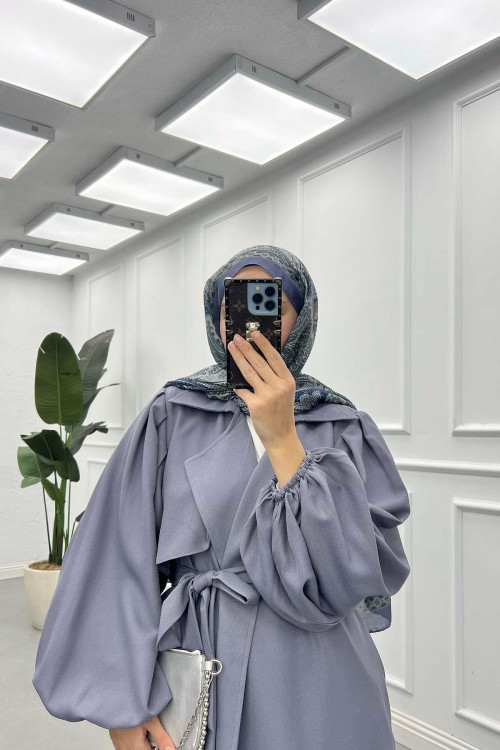 Sare Fashion Balloon Sleeve Crepe Trench Coat Gray