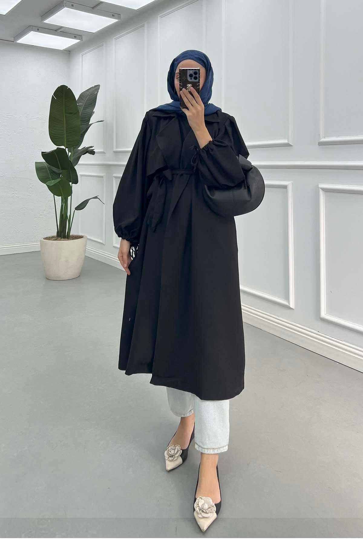 Sare Fashion Balloon Sleeve Crepe Trench Coat Black