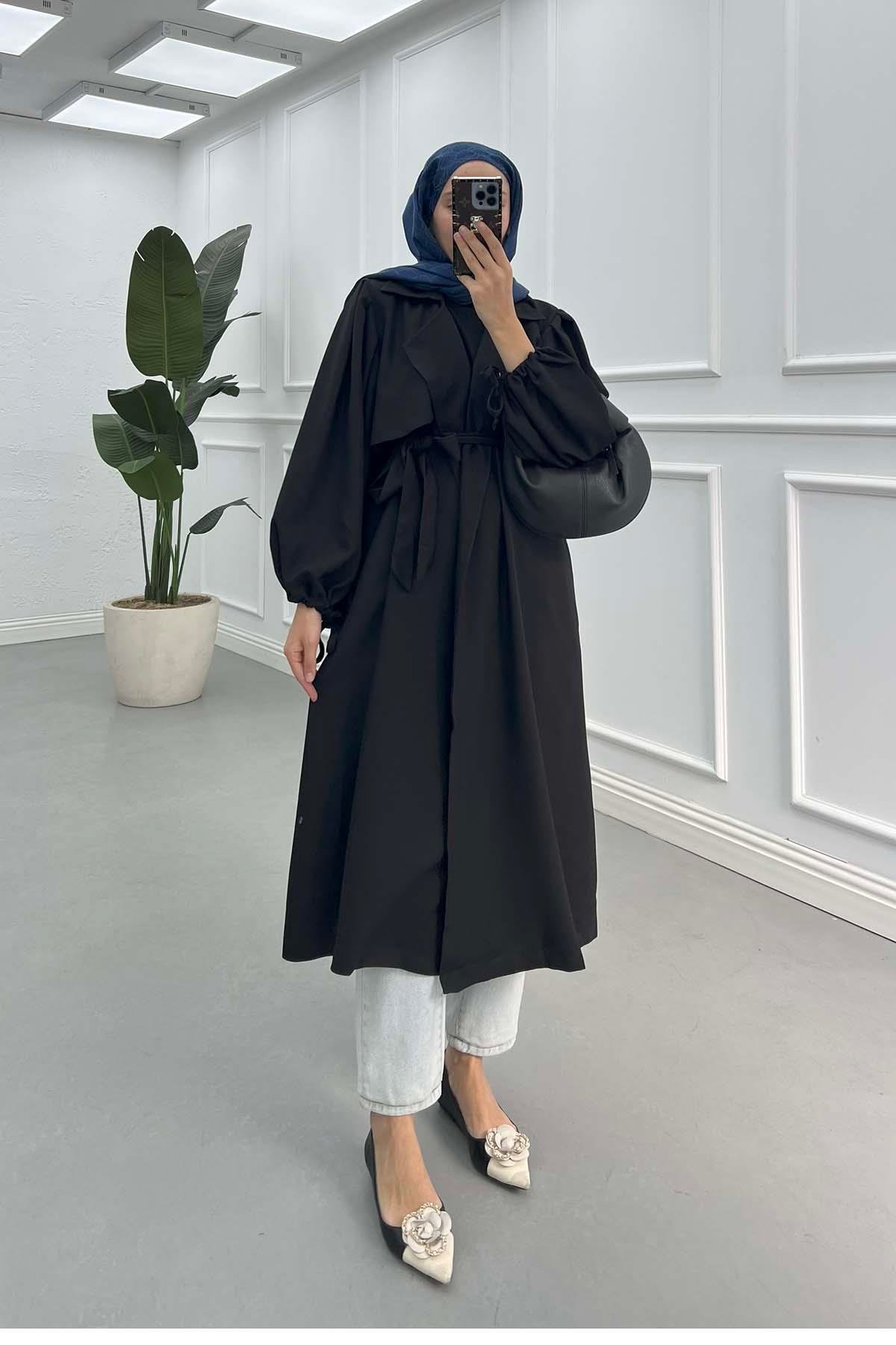 Sare Fashion Balloon Sleeve Crepe Trench Coat Black