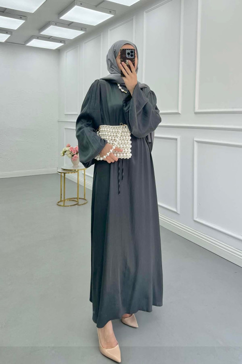 Sare Fashion Balloon Sleeve Belted Dress Anthracite