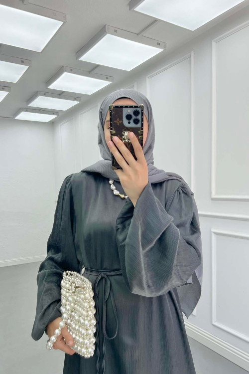 Sare Fashion Balloon Sleeve Belted Dress Anthracite