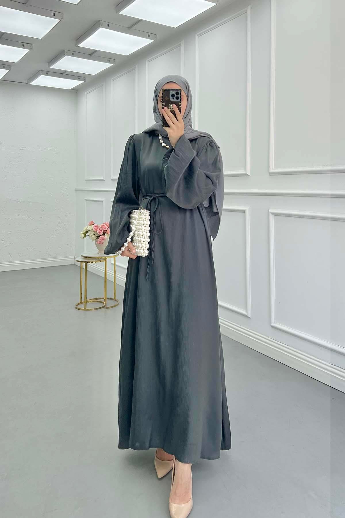 Sare Fashion Balloon Sleeve Belted Dress Anthracite