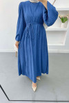 Balloon Sleeve Belted Dress Indigo