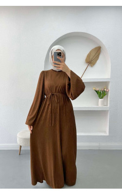 Balloon Sleeve Belted Dress Brown