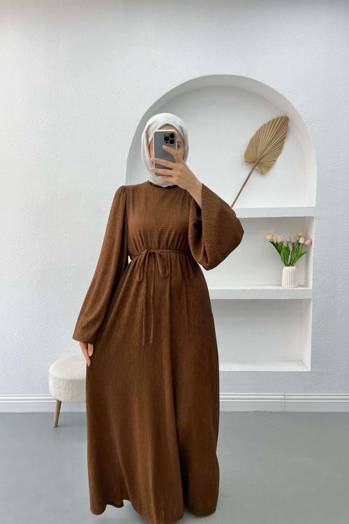 Balloon Sleeve Belted Dress Brown