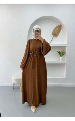 Balloon Sleeve Belted Dress Brown
