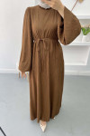 Balloon Sleeve Belted Dress Brown