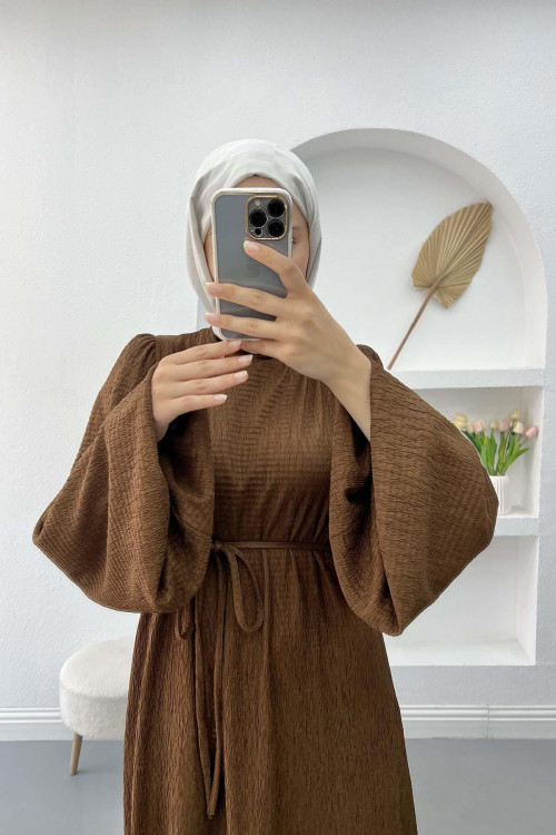 Balloon Sleeve Belted Dress Brown