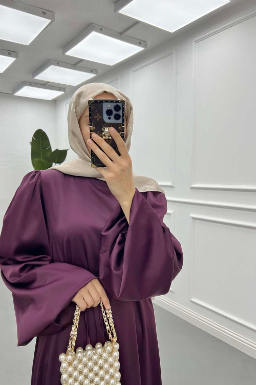 Sare Fashion Balloon Sleeve Belted Dress Plum