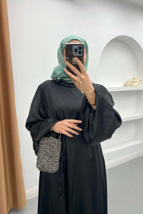 Balloon Sleeve Belted Dress Black