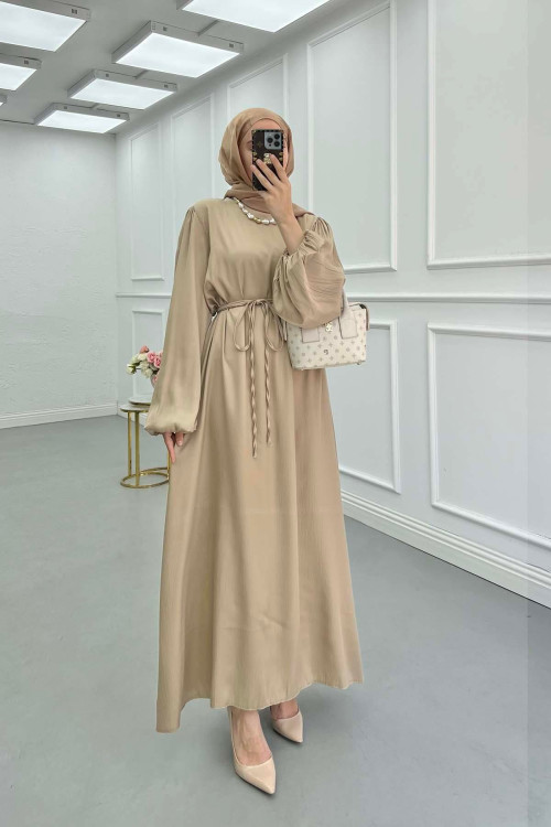 Sare Fashion Balloon Sleeve Belted Dress Mink