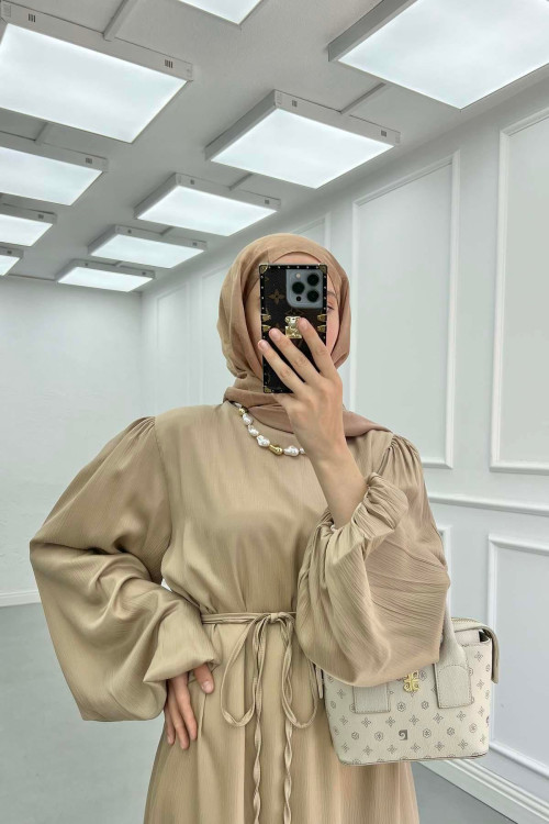 Sare Fashion Balloon Sleeve Belted Dress Mink