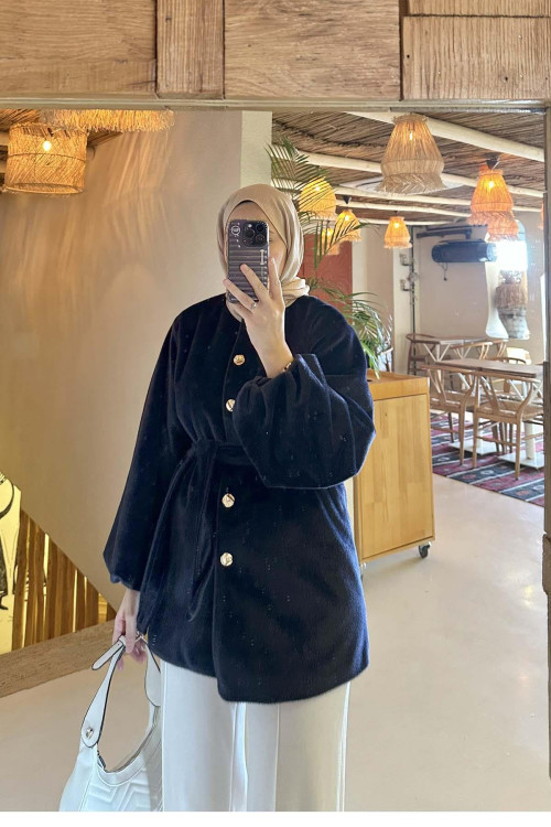 Sare Fashion Balloon Sleeve Belted Fur Coat Navy Blue Sare Fashion Balloon Sleeve Belted Fur Coat Navy Blue