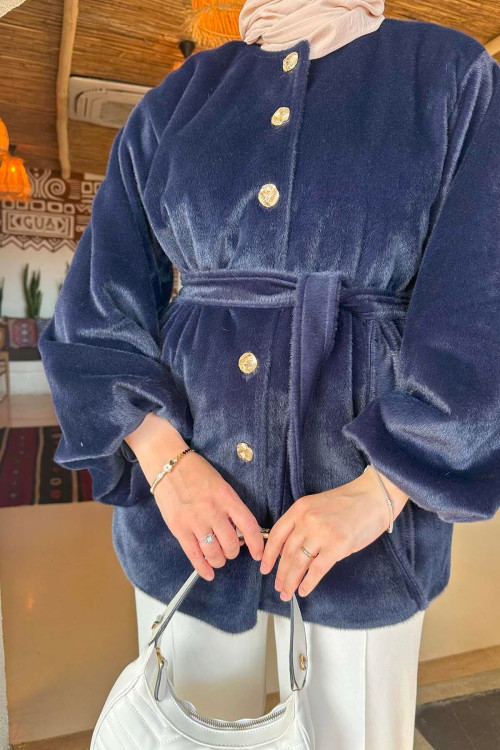 Sare Fashion Balloon Sleeve Belted Fur Coat Navy Blue Sare Fashion Balloon Sleeve Belted Fur Coat Navy Blue