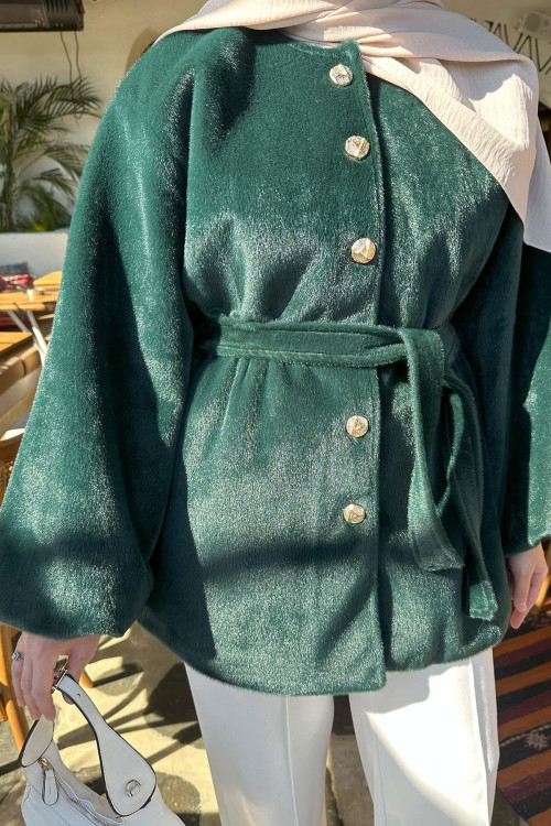 Sare Fashion Balloon Sleeve Belted Fur Coat Emerald Green Sare Fashion Balloon Sleeve Belted Fur Coat Emerald Green