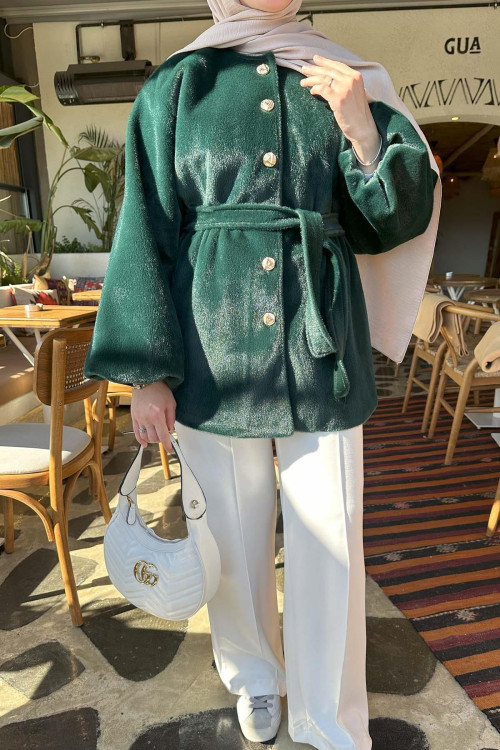 Sare Fashion Balloon Sleeve Belted Fur Coat Emerald Green Sare Fashion Balloon Sleeve Belted Fur Coat Emerald Green