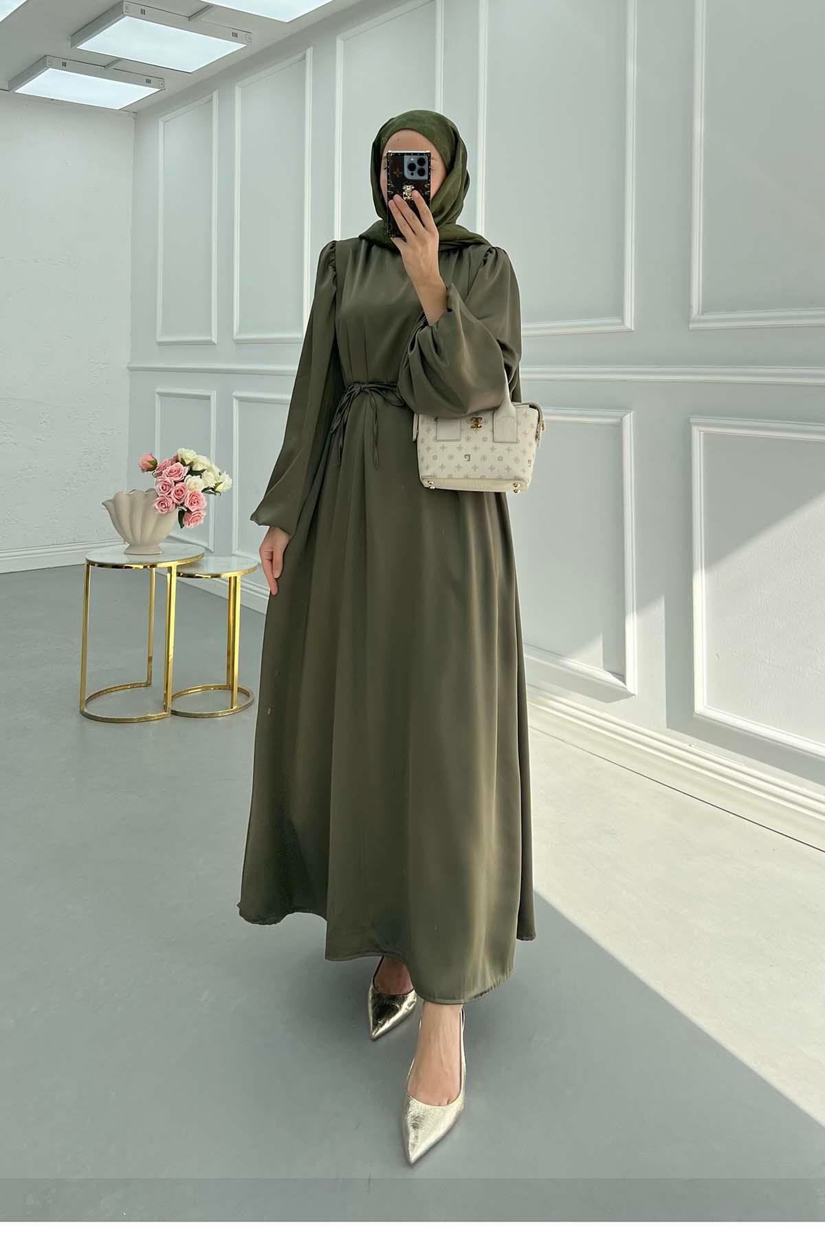 Sare Fashion Balloon Sleeve Belted Satin Dress Khaki