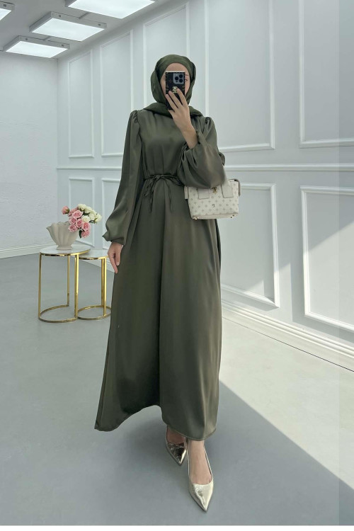 Sare Fashion Balloon Sleeve Belted Satin Dress Khaki Sare Fashion Balloon Sleeve Belted Satin Dress Khaki