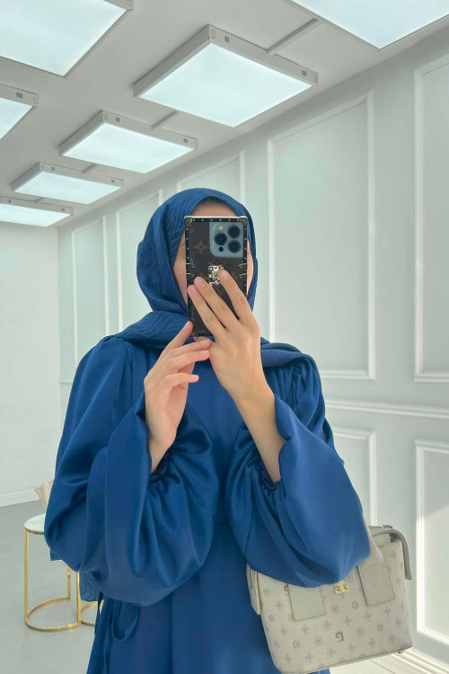 Sare Fashion Balloon Sleeve Belted Satin Dress Indigo Sare Fashion Balloon Sleeve Belted Satin Dress Indigo