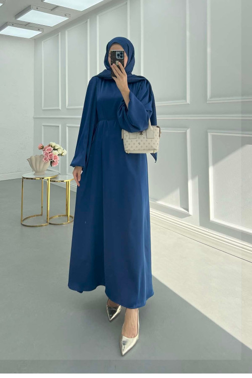 Sare Fashion Balloon Sleeve Belted Satin Dress Indigo Sare Fashion Balloon Sleeve Belted Satin Dress Indigo