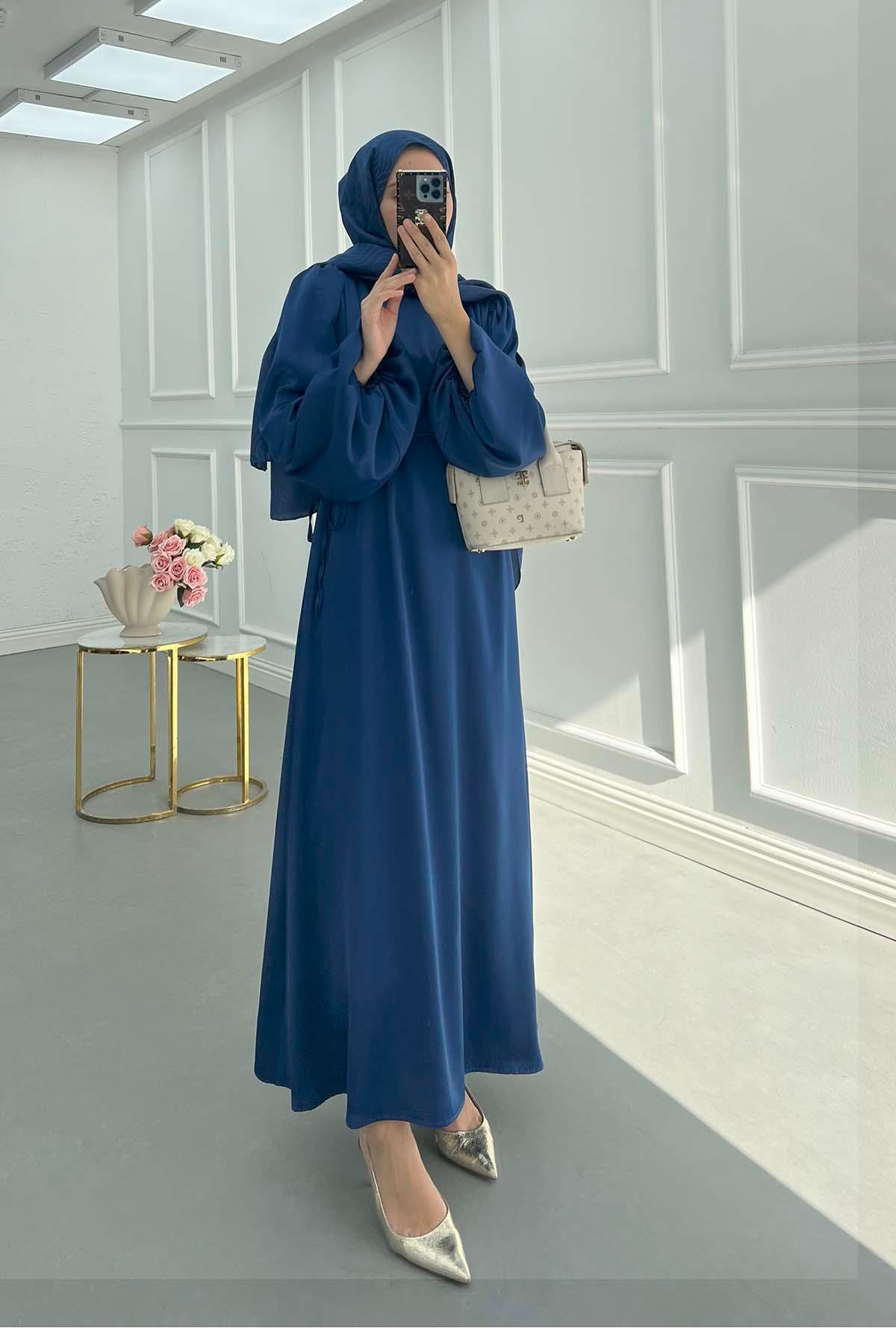 Sare Fashion Balloon Sleeve Belted Satin Dress Indigo Sare Fashion Balloon Sleeve Belted Satin Dress Indigo