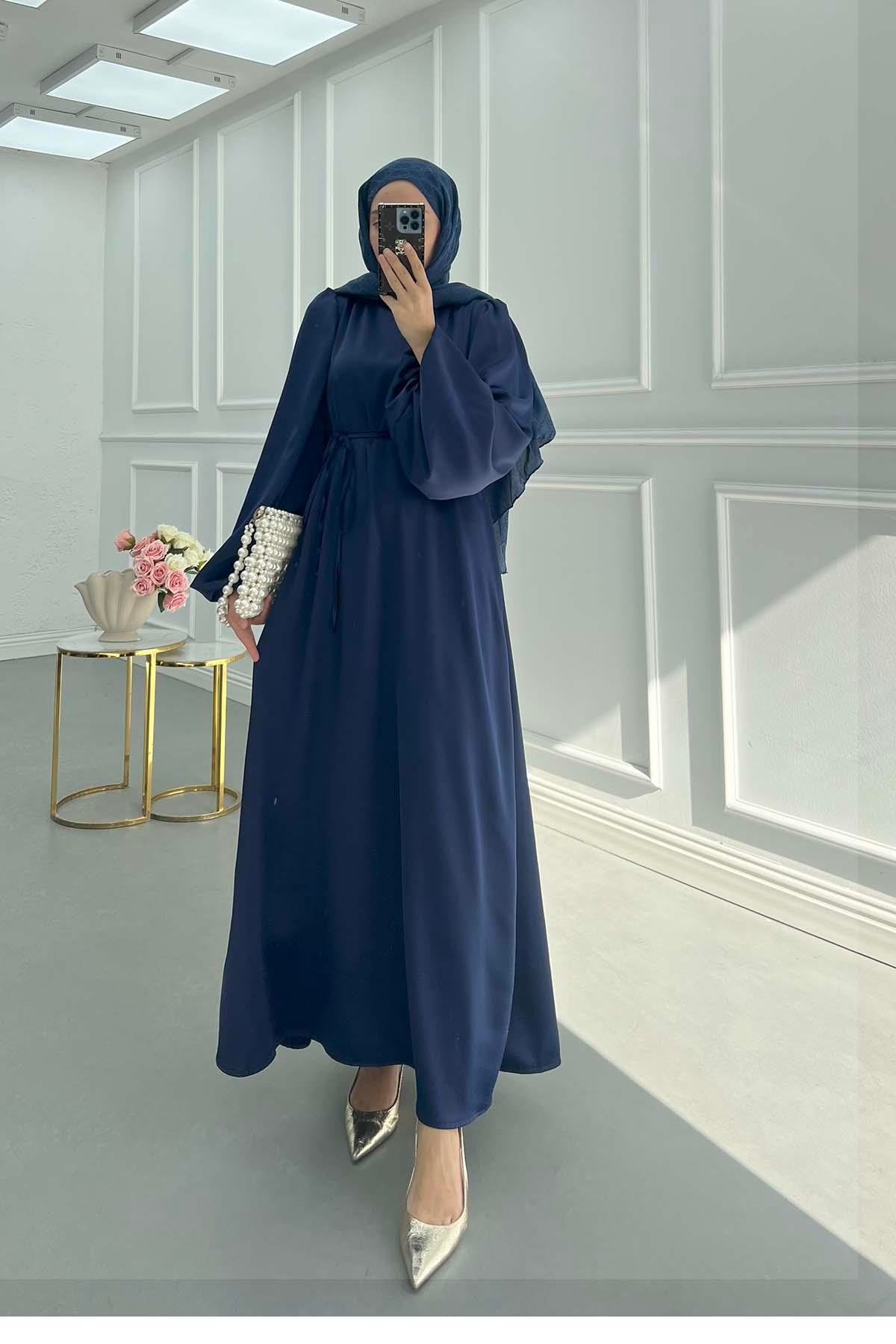 Sare Fashion Balloon Sleeve Belted Satin Dress Navy Blue
