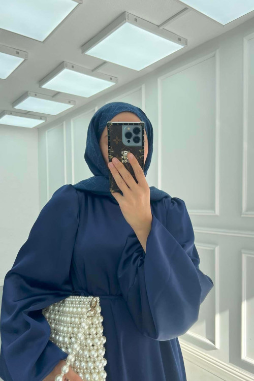 Sare Fashion Balloon Sleeve Belted Satin Dress Navy Blue Sare Fashion Balloon Sleeve Belted Satin Dress Navy Blue