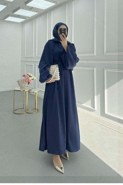 Sare Fashion Balloon Sleeve Belted Satin Dress Navy Blue Sare Fashion Balloon Sleeve Belted Satin Dress Navy Blue