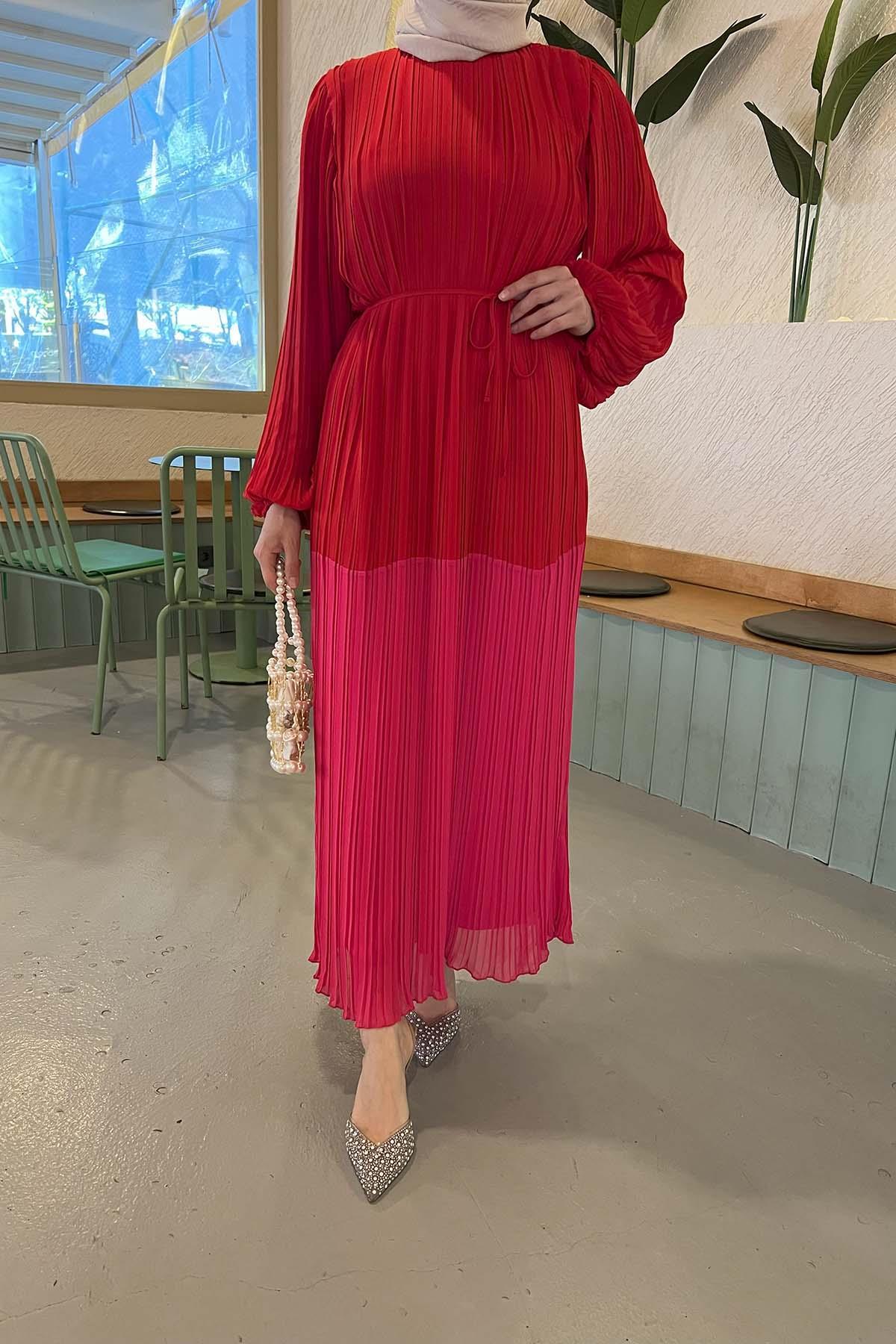 Sare Fashion Balloon Sleeve Pleated Dress Red