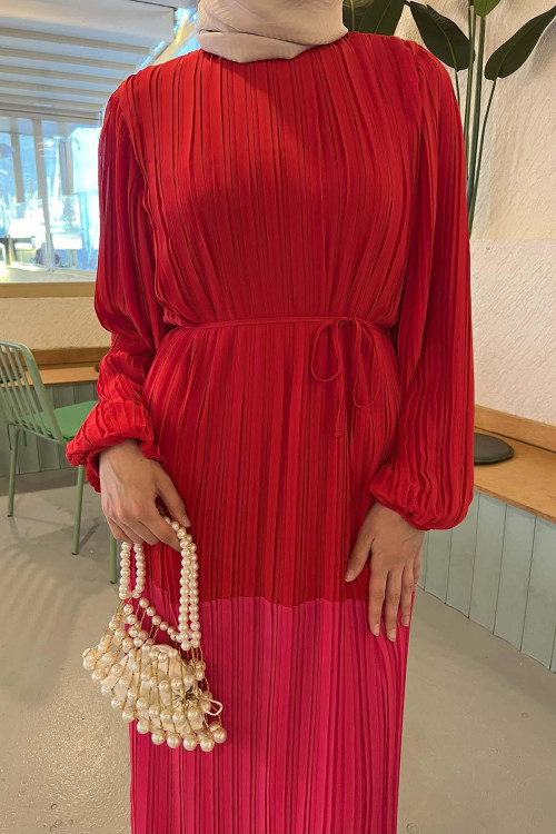 Sare Fashion Balloon Sleeve Pleated Dress Red
